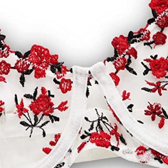 WDIRARA Women's Mesh Underwire Lingerie Set Floral Embroidery Bra and Panty Sets - Picture 3 of 6